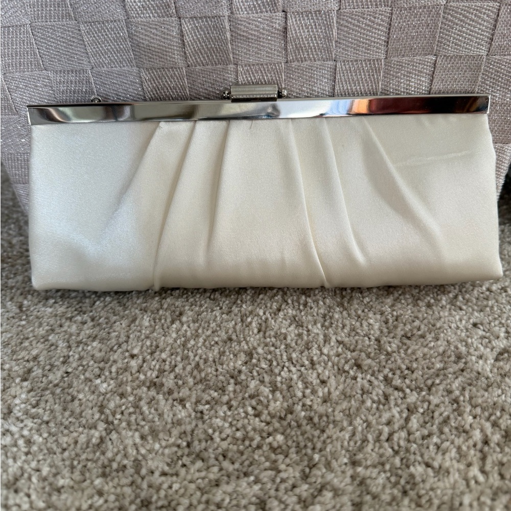 Jessica McClintock Ivory Satin Pleated Clutch with Silver Frame
